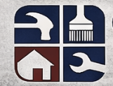 Four service icons: plumbing pipe, building ventilation, house, and wrench in dark blue and brown squares