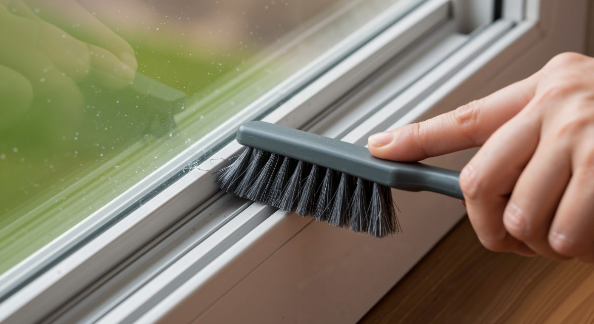 Person cleaning window frame track with small brush